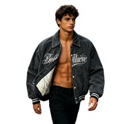 Veste de baseball en jean unisexe vintage imprimée DTG Kornit personnalisée, style streetwear écologique