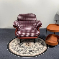 Fauteuil d'appoint rétro avec tissu à rayures et carreaux vichy, fauteuil lounge rembourré avec pieds en bois pour salon, chambre à coucher, hôtel