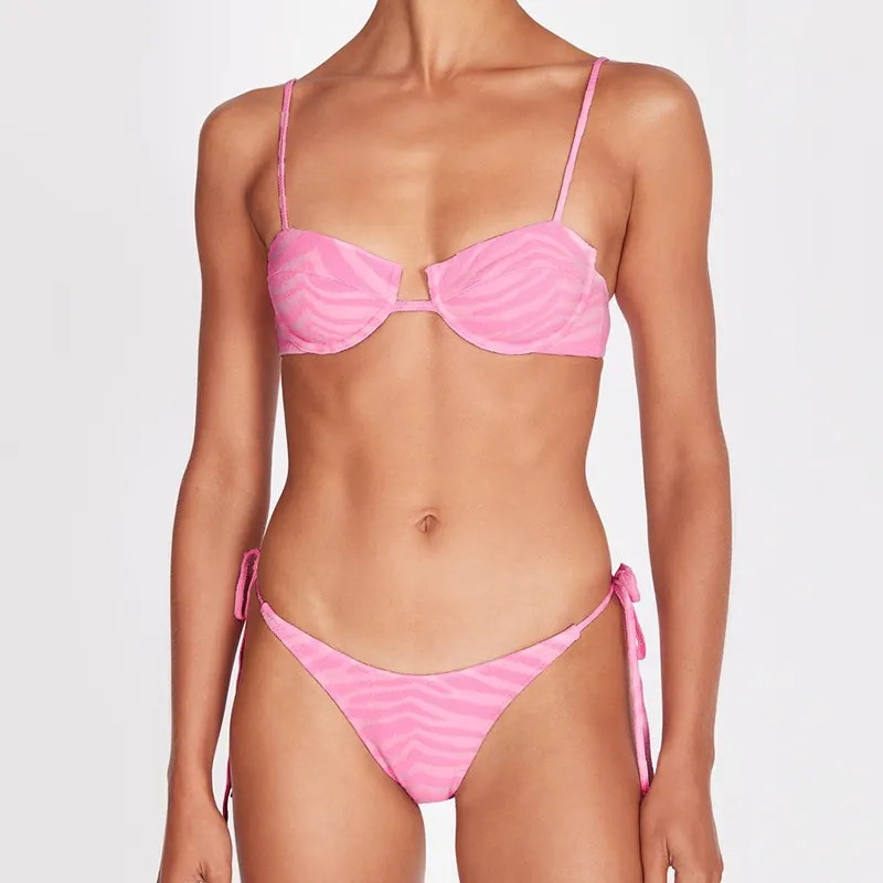 Pink Color Strip Printing Swimwear Women Luxury Side-tie Adjustable Sexy Swimsuit Thong Bikini Manufacturer