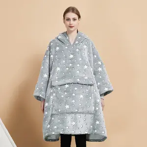 New Arrival Wearable Fleece Puffy Luminous Glow Giant Sherpa Oversized Hooded Hoodie Blanket For Adult