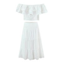Ensemble deux pièces OEM/ODM personnalisé en coton 100% écologique à motif floral, blanc, à manches courtes, avec œillets, épaules dénudées et volants, coupe courte