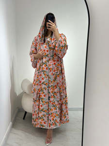 Vestido Largo Modesto con Estampado Naranja Personalizado Leduo, Abaya con Puños Fruncidos para Mujeres Musulmanas - Product Image 3