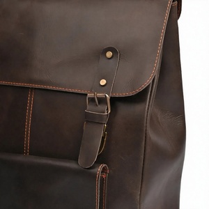 Unisex Genuine Leather <b>Backpack</b> Solid Brown Hasps Closure Front Pocket Adjustable <b>Strap</b> Durable Casual Daily Use - Product Image 6
