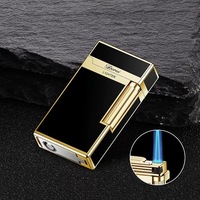 Briquet à cigares classique moderne en métal, double flamme réglable, coupe-vent, flamme jet, avec logo, coffret cadeau en acier pour fêtes
