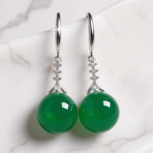 Pendientes colgantes de plata con piedra blanca y bola de piedra verde, joyería clásica plateada para mujer para fiestas - Product Image 2