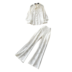 Completo Elegante da <span class=keywords><strong>Donna</strong></span> in Pizzo a 2 Pezzi: Camicia a Maniche Lunghe con Bottoni e Pantaloni a Vita Alta a Zampa d'Elefante, Outfit Casual Primaverile ed Estivo - Product Image 5