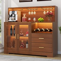 Buffet Bar à Café Moderne en Bois avec Éclairage LED et Porte Vitrée pour Salle à Manger et Salon – Vente en Gros