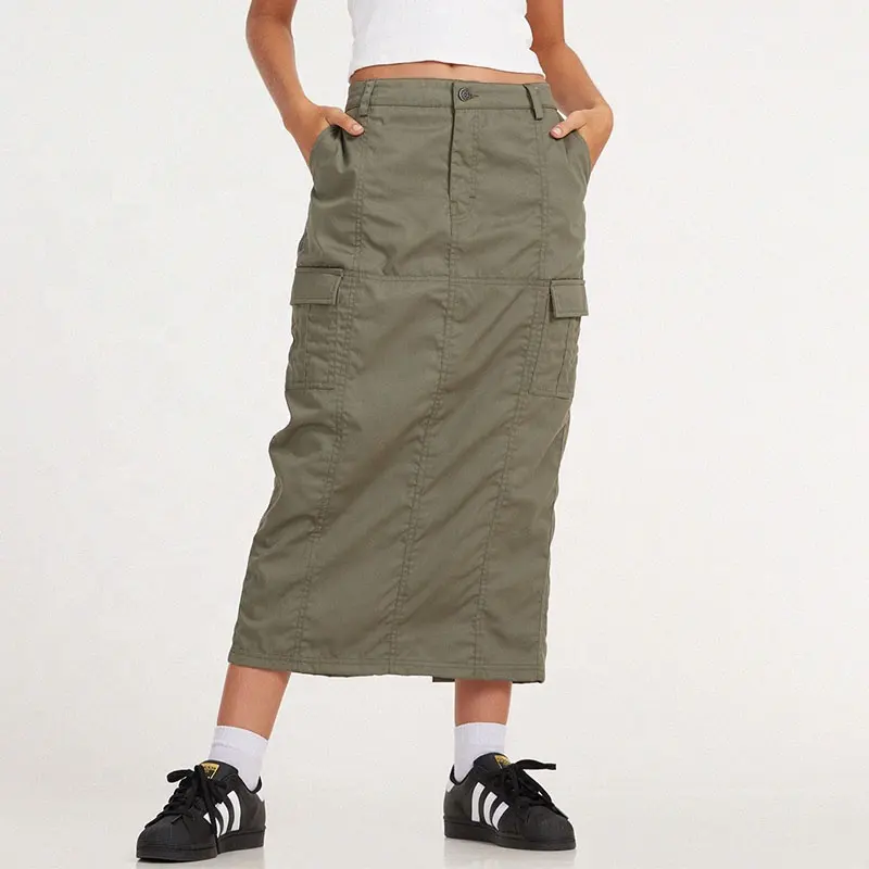 Custom women back split green cargo skirt 2022 long cargo maxi skirt for ladies