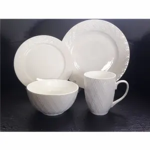Cheap Price Wholesale Stock Embossed White BoneChina Dinner Set Ceramic Dinnerware Dinner Plate Mugs Porcelain Tableware Sets