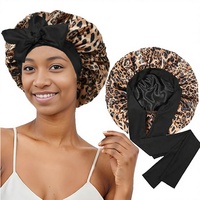 Topi Tidur Satin Motif Macan Tutul Ukuran Besar untuk Wanita, Topi Malam dengan Hiasan Pita Lebar untuk Tidur