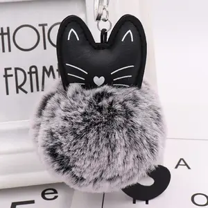 Cute black kitten keychain Rex Rabbit fur ball pendant plush doll bag gift