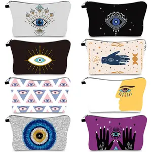 Bolsas de cosméticos grandes de mal de ojo personalizadas al por mayor, bolsa de maquillaje grande de viaje para mujer, bolsa de lona de algodón con cremallera