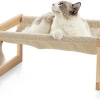 Hamac pour chat d'intérieur en pin massif, lit surélevé mural, motif chevron, toit en lin rechargeable et lavable pour animaux de compagnie
