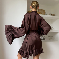 Nueva Moda de Verano, Otoño y Primavera, Pijama de Seda de Hielo para Mujer, Camisola, Camisón con Volantes, Manga Larga, Bata con Lazos, Dos Piezas