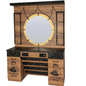 Station de coiffure avec miroir pour salon de barbier, coiffeuse avec rangement, dessus en marbre, tiroirs et éclairage pour salon de beauté - Product Image 2