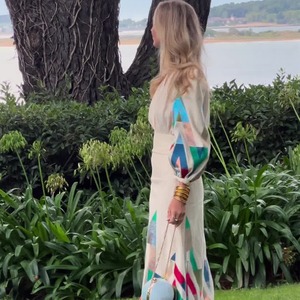 W991 in tương phản xếp li phù hợp với ăn mặc Phụ nữ dài phồng tay áo v-cổ đầu cao eo váy nữ mùa xuân phụ nữ Ăn mặc - Product Image 4