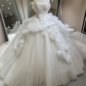 Dw0235 <b>Romantic</b> Strapless Draped Bodice 3D Camellia Flower Lace Peplum Shimmer Tulle Ball Gown Wedding <b>Dress</b> Jancember - Product Image 1