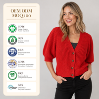Cardigan court pour femme personnalisé, rouge vif, en tricot épais, à manches mi-longues, col en V, boutonné sur le devant, avec boutons écaille de tortue