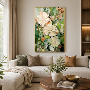 Hand-Painted Green Floral Textured <b>Canvas</b> Art Still Life Mixed Media Oil Painting Wall Art Hanging Decor Customized Wood <b>Frame</b> - Product Image 1