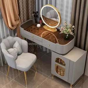 Modern Metal Foot Glass Face Makeup Table Barber Mirror with LED Vanity desk Bedroom Marble Dressing Table