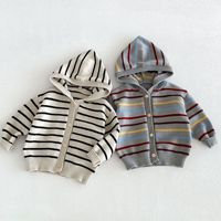 Cardigan à capuche unisexe rayé et coloré à manches longues pour bébé, collection Printemps-Automne