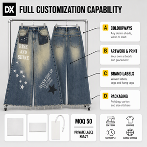 Maßgeschneiderte Mud Wash 14oz Wide-Leg Flared Jeans mit Raw Frayed Saum, Sternenprint und Kontrasttaschen – Streetwear OEM ODM - Product Image 5
