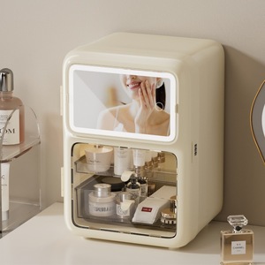 Cosmetic Storage Box With <b>Mirror</b> <b>Led</b> Lighting Dustproof Plastic Desktop Organizer For <b>Makeup</b> Home Use - Product Image 1