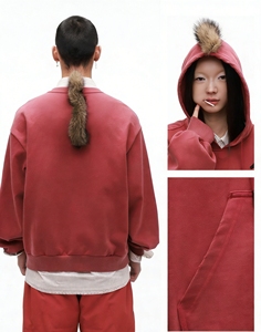 Creative Fashion 420g Highweight Cotton Polyester Bright <b>Red</b> <b>Hoodie</b> Hooded with Fur High Quality Pullover Washed Print <b>Hoodie</b> - Product Image 4
