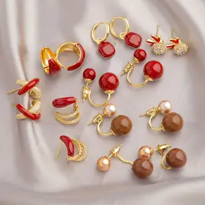 Natural Gemstone Earring 925 Sterling Silver 18k Gold Plated Natural Red Coral Stud Earrings For Women