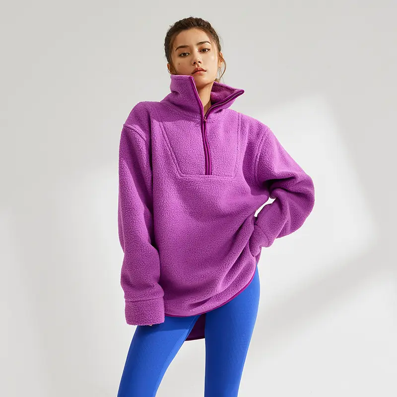 Wholesale Women's Solid Colors Thick Half Zipper Oversize Fitness Sweatshirt Long Length Folded Neck Winter Sherpa Jumper 2022