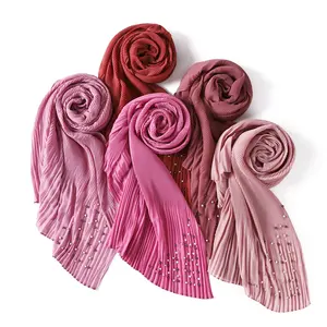 New Fashion Solid Color Crumpled Ruffled Chiffon Long Scarf With Pearl High Quality 180x70cm Pleated Headscarf For Women