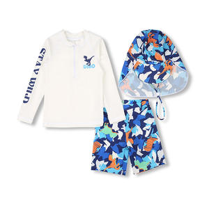 Ensemble de maillot de bain 3 pièces pour garçons 2026 - Maillot de bain à manches longues, short de bain et <span class=keywords><strong>bonnet</strong></span> de bain imprimé dessin animé, protection solaire intégrée - Product Image 1