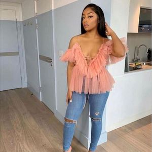 2022 superventas de las mujeres Sexy malla gasa <span class=keywords><strong>encaje</strong></span> cuello en V moda Falbala mujeres camisetas sin mangas cortas Color sólido Casual <span class=keywords><strong>camiseta</strong></span> - Product Image 4
