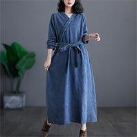 Vente en gros OEM Robe trapèze décontractée été solide col V Maxi taille haute qualité coton Denim pour femmes manches longues avec poches ceintures