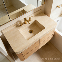 Vasque de salle de bain en pierre naturelle Cammy Stone Wabi-sabi, beige, en travertin, avec armoires en bois et tiroirs pour hôtel, villa