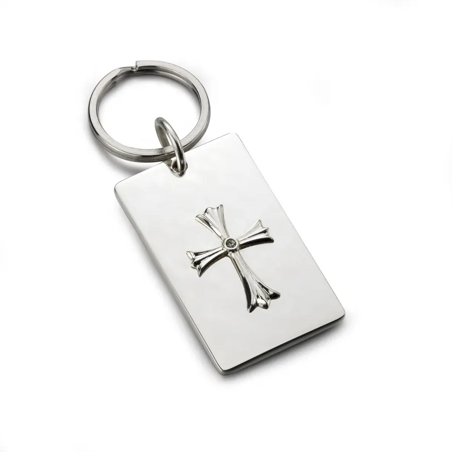 سلسلة مفاتيح معدنية مطلية بالفضة عالية الجودة حامل مفاتيح مسيحية مع خاتم بمفتاح يسوع والكريستال للهدايا
