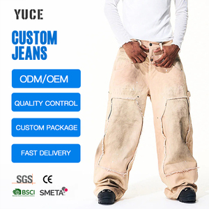 YUCE OEM Venta al por mayor Jeans <span class=keywords><strong>de</strong></span> hombre <span class=keywords><strong>de</strong></span> doble cintura, <span class=keywords><strong>de</strong></span> lona deshilachada, con lavado desgastado, <span class=keywords><strong>de</strong></span> sarga, estilo carpintero, holgados y desgastados - Product Image 1