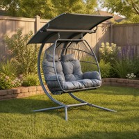 Sillón Colgante Doble de Hierro Tejido con Toldo, Resistente al Sol, para Patio, Silla Mecedora Suspendida para Descanso