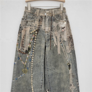 Jeans da Donna a Gamba Larga con Stampa, Catena di Perle e Pizzo, Nuova Moda Casual Autunno 2026 - Product Image 3