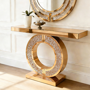 Mesa Consola con Espejo y Incrustaciones de Diamantes, Superficie de Madera de Roble, Altura Ajustable, Moderna, para Sala de Estar, Entrada Estrecha, Sofá - Product Image 3