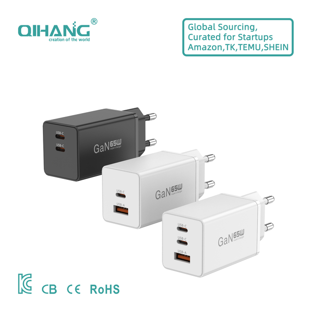65W GaN EU Charger, 3-Port Compact USB C Fast Wall Plug for MacBook Pro/Air, Laptop, Phone, Charge 3 Devices Simultaneously