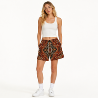 Shorts en tissu tissé élastique taille mi-haute, anti-plis, brodés, style urbain, patchwork bleu-rouge chaud, en tissu peigné