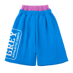 Shorts en molleton épais bleu rose, effet vintage, double ceinture, logo imprimé, coupe ample, style streetwear - Product Image 1