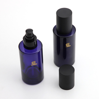 Flacon pompe pour fond de teint en verre à épaule plate bleu foncé de 100 ml de haute qualité avec bouchon noir mat