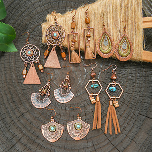 Boucles d'oreilles pendantes géométriques bohèmes en alliage de cuivre plaqué bronze antique pour femme, ensemble de boucles d'oreilles de fête tendance - Product Image 3
