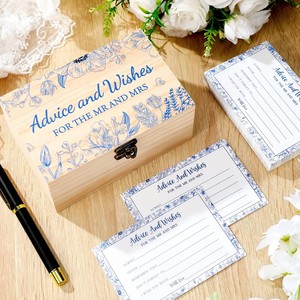 Coffret en bois pour Monsieur et Madame, 60 cartes d'avis de mariage avec stylo de signature, motif floral bleu, décoration pour livre d'or de mariage ou de fête prénuptiale - Product Image 1