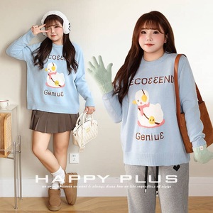 แฮปปี้ฮัทเสื้อสเวตเตอร์ลายการ์ตูนสำหรับผู้หญิงไซส์ใหญ่ คอกลม ถักหลวม แขนยาว ชั้นในหนา อุ่นสบาย - Product Image 4