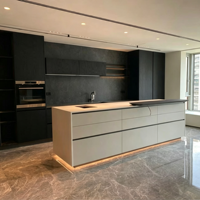 Ensemble d'armoires de cuisine sur mesure avec cuisinière intégrée et rangement global intégré. Meubles de cuisine sur mesure.
