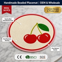 Napperon rond en verre blanc imprimé sur mesure avec perles de rocaille, motif cerise rouge, pour table, vente en gros
