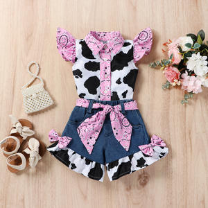 Pakaian setelan anak perempuan, baju kulit sapi kancing atas + celana Denim 2024 - Product Image 3